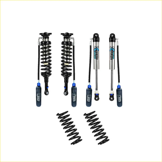 Set of four black and silver x-gear shock absorbers with blue accents and two black coil springs for lift kits in nz 2026