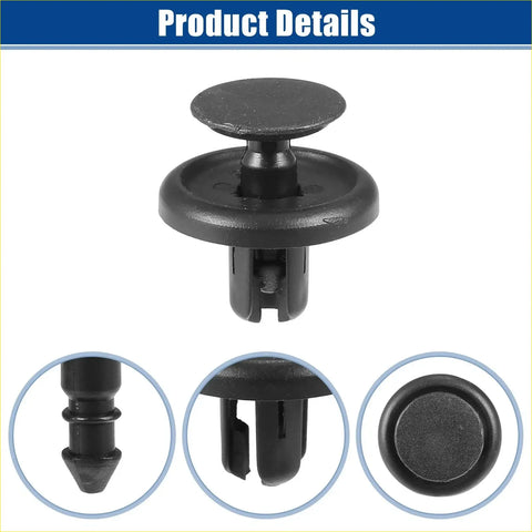 Black plastic front fender retainer clip with circular head and tapered pin for toyota 4wd ute offroad use