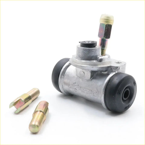 Silver metal 11/16 rear wheel brake cylinder with black rubber seals and adjustment bolt for datsun nissan 720 back side