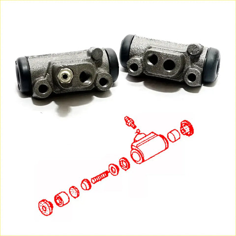 Gray metallic 11/16 rear wheel brake master cylinder for mazda b1600-b2600 with black rubber boots shown from the back