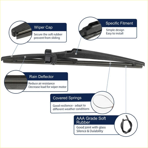 Black 12 inch rear windshield wiper blade for Toyota 4Runner 2003-2009 with soft rubber blade and covered springs viewed from back