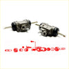 Gray metallic 13/16 rear wheel brake cylinder with black rubber boots and threaded rods for toyota hilux 78-83