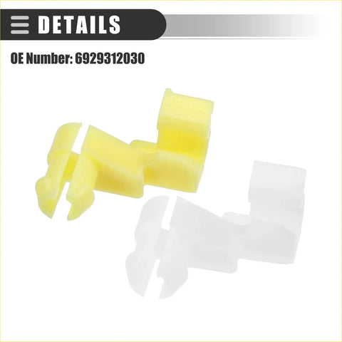 Yellow plastic tailgate door handle lock rod clips for toyota shown from the back side in a 15 pair set