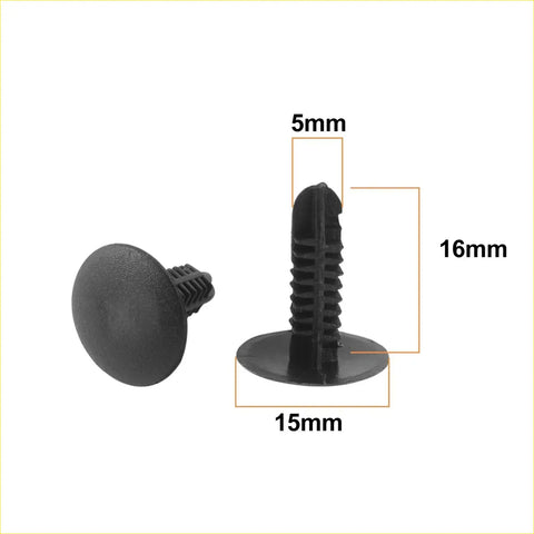 Black plastic automotive trim fastener with rounded head and threaded stem for 15 x 5mm hole pickup on toyota trims