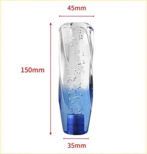 A 15cm tsuisuta knob gear knob made of transparent glass with a swirling blue gradient and floating bubbles lava lamp design