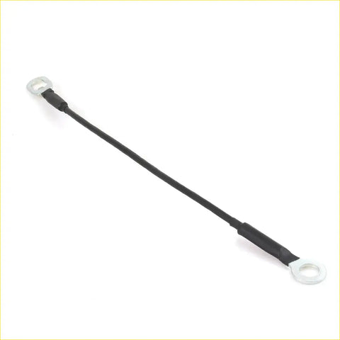 Black insulated 18 inch tailgate cable with silver metal ring terminals for nissan titan 2004-2015 shown from back side
