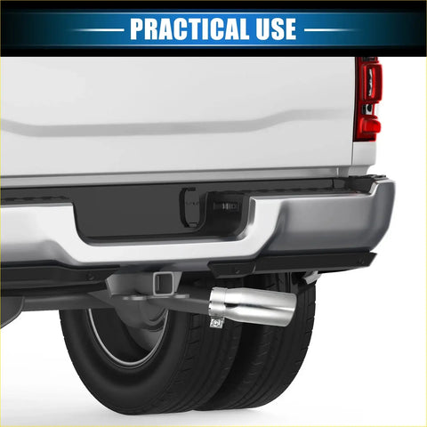 Silver chrome 2.8 inch inlet exhaust tip 6.9 inch length mounted on the back of a toyota tacoma truck bumper