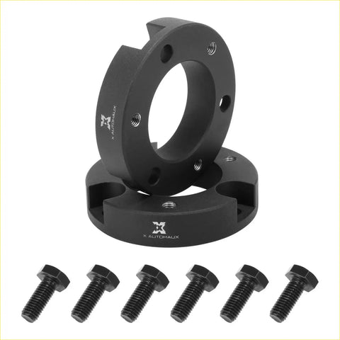 Black autohaux hub centric wheel spacers with matching bolts for 2 inch front leveling lift kit on toyota tundra