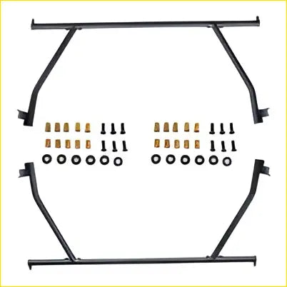 Black steel frame with matching bolts and screws neatly arranged for 2 pcs front and rear adjustable ute tub ladder rack roll bar