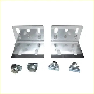 Silver metal l-brackets and screws from awning mounting bracket kit for rhino rack pioneer platform tray tradie roof