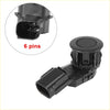 Black plastic rear parking sensor with circular button and 6-pin connector for toyota rav4 2013-2018 shown from back side