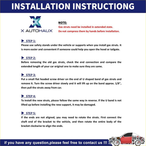 Blue and white x autohaux installation instruction sheet for 2 front bonnet lift supports for toyota highlander xu70