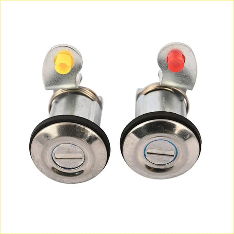Two metallic ignition switch door lock cylinders for nissan d21 pathfinder with yellow and red indicator tabs