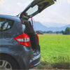 The back side of a dark gray compact car showing 2 x rear tailgate lift supports for toyota 4runner open hatch