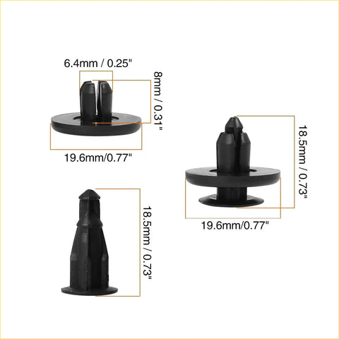Black plastic front guard liner push type clips with circular base and pointed prongs for toyota scion 2004-2016