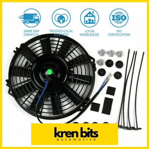 Black plastic 9inch 12v 80w electric radiator fan with green button and blue wiring for automotive cooling fits mounting kits