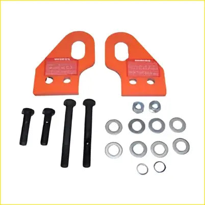 Orange plastic front recovery tow point brackets with black bolts and silver washers for landcruiser prado