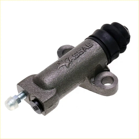 Gray metallic 3/4 inch clutch slave cylinder with black rubber boot and threaded bolt end for nissan datsun d21