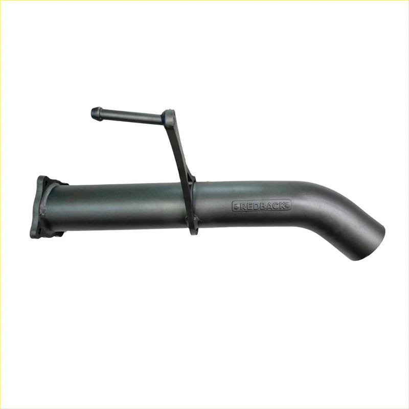 Black metal 3.5 inch muffler delete rear with curved dump tip and redback engraving on mounting bracket side