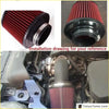 3 inch air filter with red pleated fabric black metal end caps and a silver clamping ring for engines