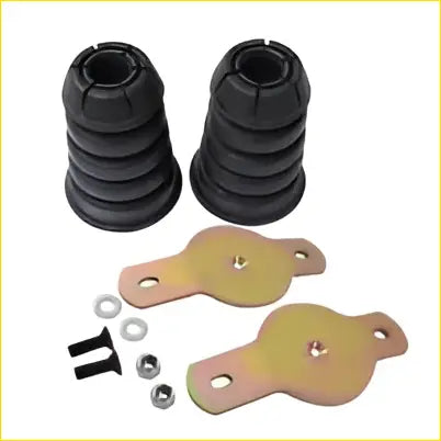 Black rubber 3 inch lift rear bump stops with metal mounting plates and hardware for Nissan Patrol GU GQ shown from the back