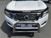 White nissan navara np300 pickup with 304 stainless steel chrome nudge bar and black hood trim 2015-2020 model