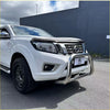 White nissan navara pickup with chrome 304 stainless steel nudge bar and black wheels for 2015-2020 np300 models