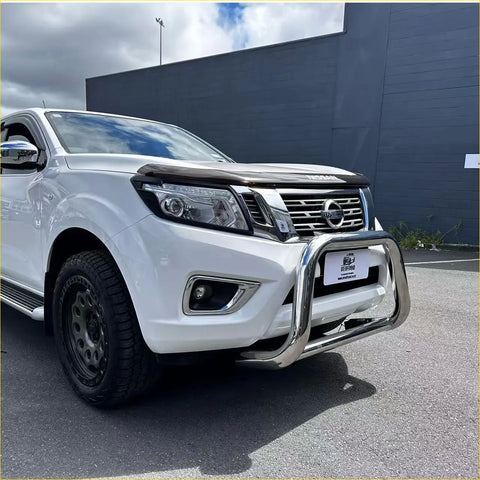White nissan navara pickup with chrome 304 stainless steel nudge bar and black wheels for 2015-2020 np300 models