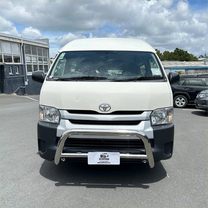 White toyota hiace van with chrome 304 stainless steel nudge bar and black lower grille trim from 2005 to 2019