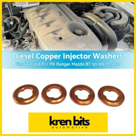 Four copper circular diesel injector washers with distinctive cutouts for ford pj or pk ranger on white background