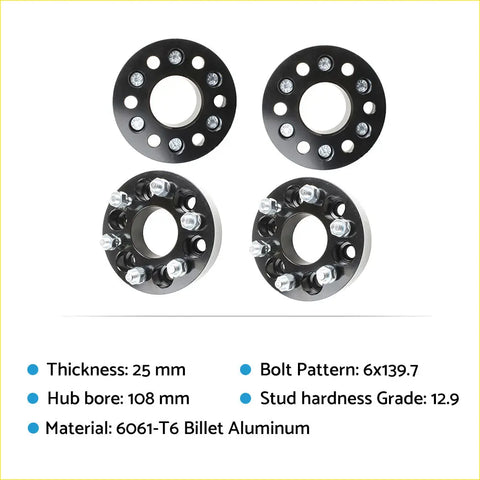 Black 6061-t6 billet aluminum 25mm thick wheel spacers 6x139.7 bolt pattern with machined lug holes and threaded studs