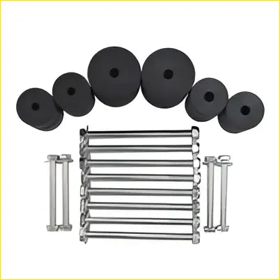 Set of black weight plates with silver metal barbell collars shown with 4x4 2 inch body lift kit for nissan navara d40 stx