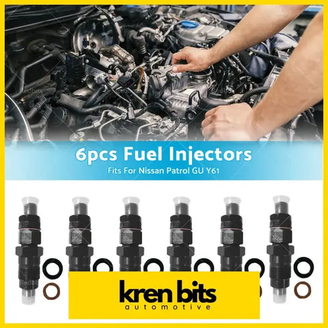Six black diesel fuel injectors with metallic fittings and clear caps for nissan patrol gu y61 gq y60 td42 td42t
