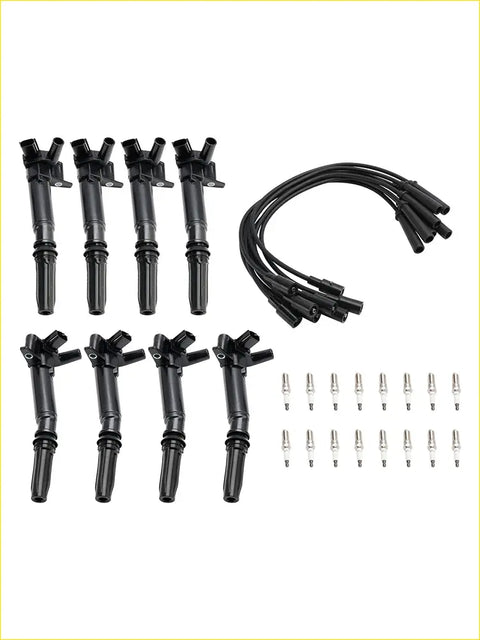 Black ignition coil spark plug kit with matching black wires for ford f150 model uf631 uf639 shown from front view