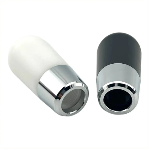Two 9cm toshi gear knob vape pen tips one frosted white and chrome the other black with chrome accent rings