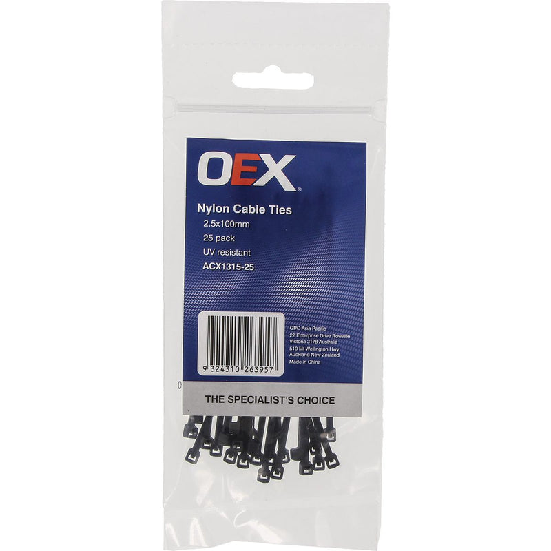 OEX Black Nylon Cable Ties - 2.5mm X 100mm - 25 Pc