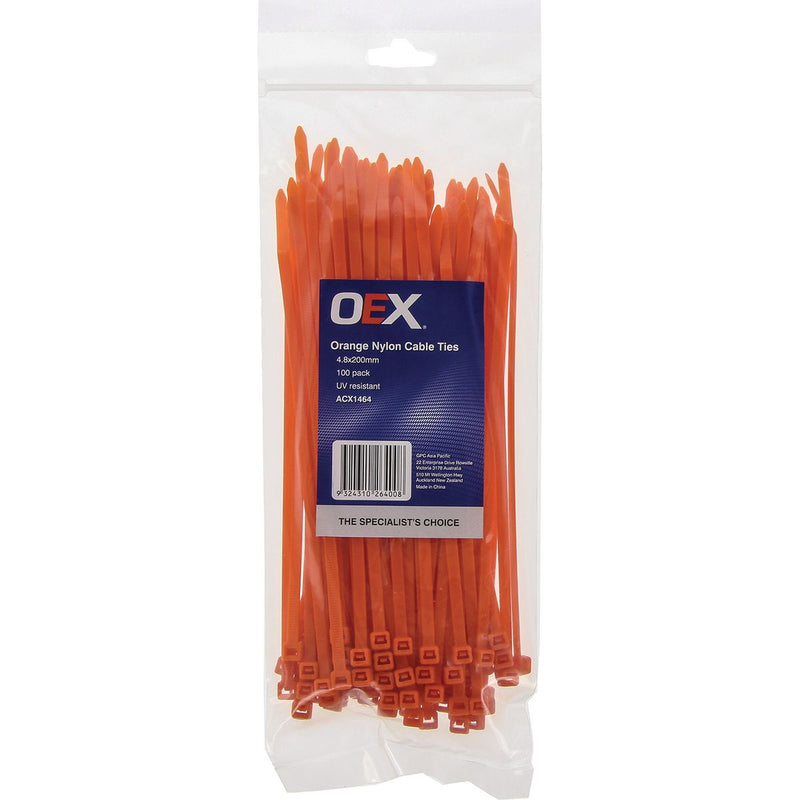 OEX Orange Nylon Cable Ties - 4.8mm X 200mm - 100 Pc