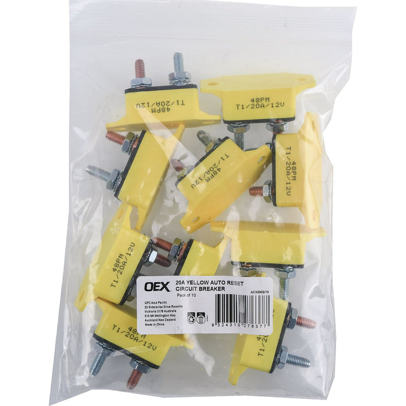 OEX 20A Yellow Auto Reset Circuit Breaker - Pack Of 10