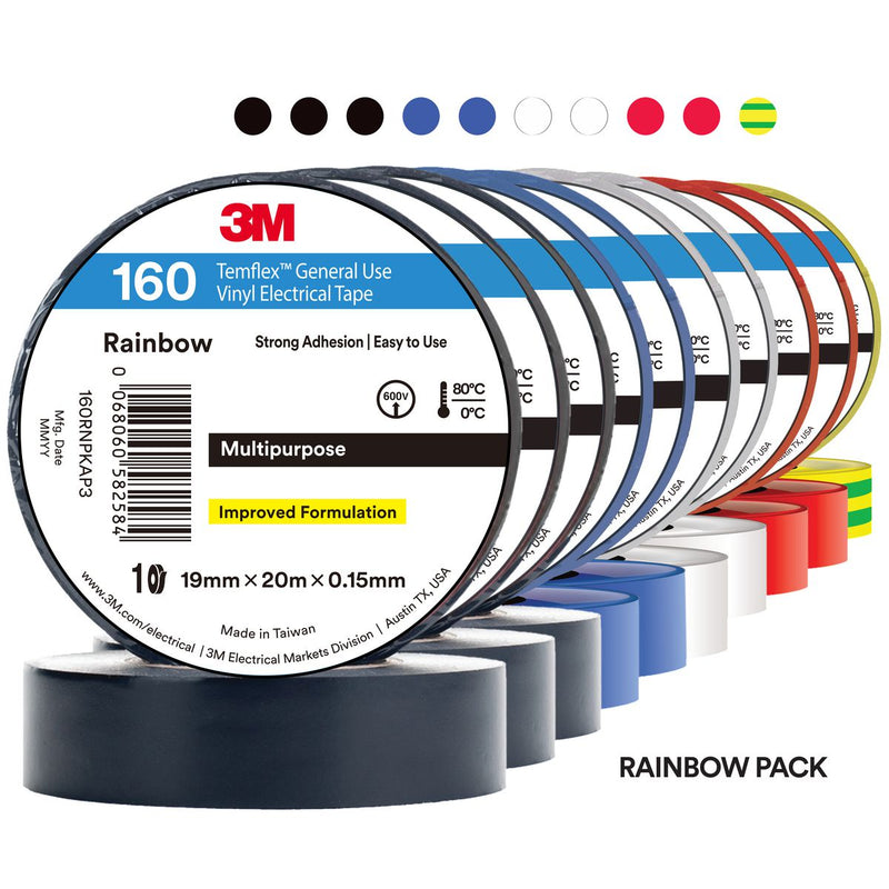 3M Tempflex Vinyl Electrica 160 Rainbox 10 pack tape 19mm