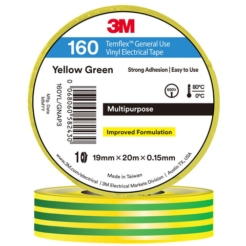 3M Temflex Vinyl Electrical 160 Yellow / Green tape 19mm