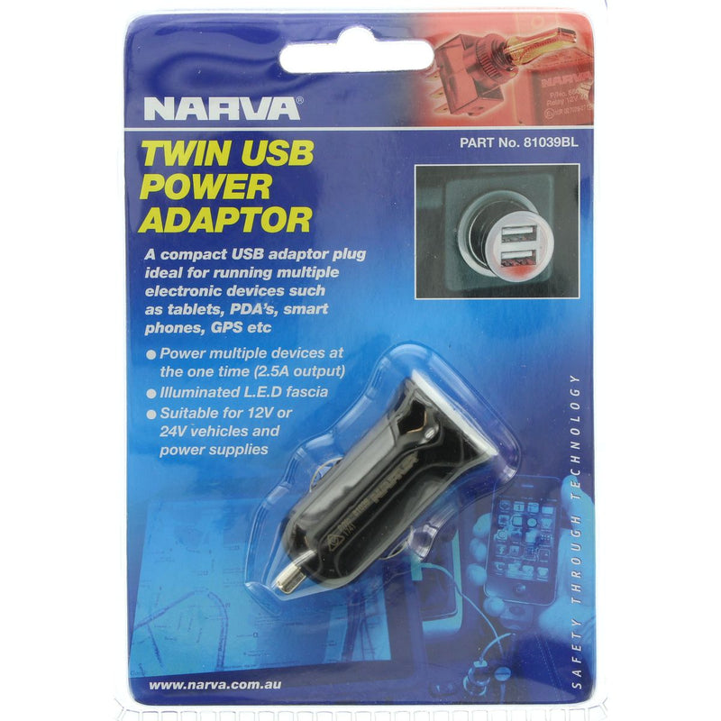 Narva Twin USB Adaptor 12-24V 81039BL