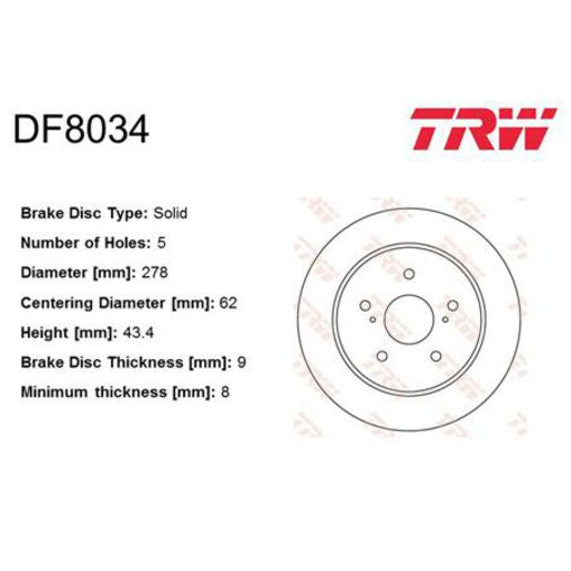 TRW Brake Rotor 278mm Rear DF8034S