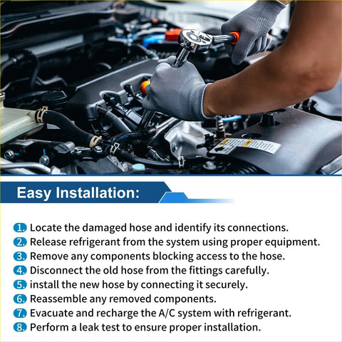 A mechanic using gray gloves and an orange chrome wrench working on an a/c refrigerant liquid hose for Toyota Vios 2016-2020