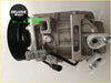 Silver metal ac compressor with black pulley and gray connectors for nissan x-trail shown from the back side