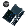 Black plastic automotive fuse box connector with metallic contacts shown from the back for ac switch on nissan pickup d21 d22