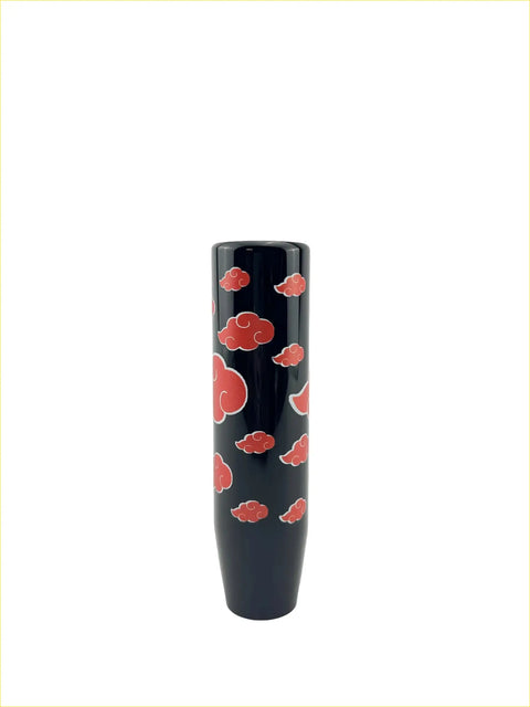 Black cylindrical gear shift knob with red akatsuki cloud motifs for car interior customization