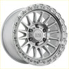 Silver alpha combat 17x9 off-road wheel with machined finish and intricate spoke design for rugged use