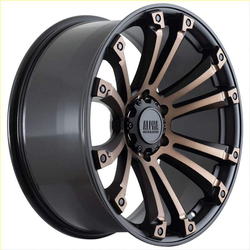 Black and bronze two-tone alpha maverick alloy wheel with bold multi-spoke design in matt black dark bronze tint