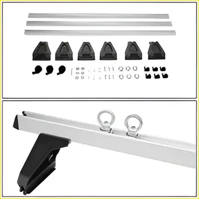 Silver aluminum alloy roof rack cross bar with black plastic mounting brackets for gutter rail mount low roof vehicles