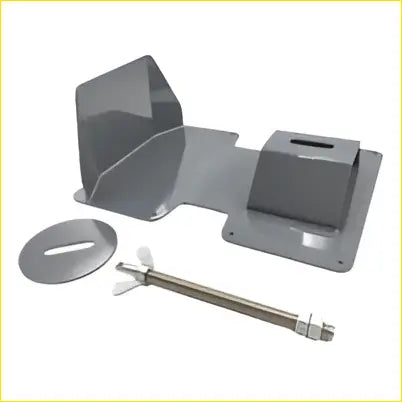 Gray metal bracket assembly with circular plate and threaded rod for aluminium ute toolbox 4wd spare wheel carrier